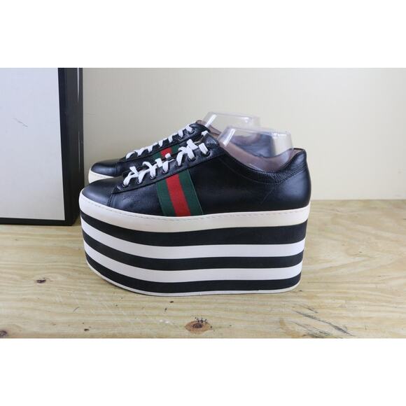 Gucci Sneakers Womens 10.5B Black Leather Peggy Platform Striped Shoes Italy - Picture 2 of 15